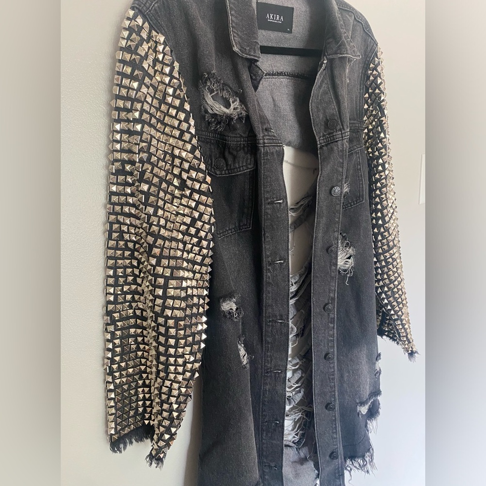 AKIRA Distressed Studded Sleeve Denim Jacket